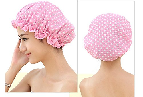 Moolecole Women Polka Dots Waterproof Shower Cap Double Layer Bathing Cap Elastic Band Spa Shower Hat Pink