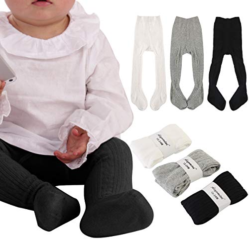 3 Pack Newborn Baby Leggings Cotton Seamless Baby Tights Toddler Infant Footed Stocking Pantyhose for Baby Boys Girls (12-24 Months, Black White Grey)