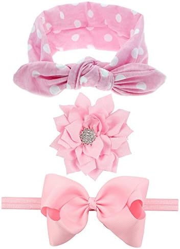 TWDVS 3pc/1 Sets Baby Headband Pink rabbit ears Bows Headband Flowers band for girls