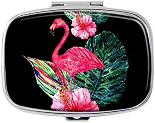 Custom Fashion Rectangular Pill Box Tablet Holder Wallet Organizer Pocket Case (Pink Flamingo Tropical Flowers and Jungle Leaves Hibiscus)