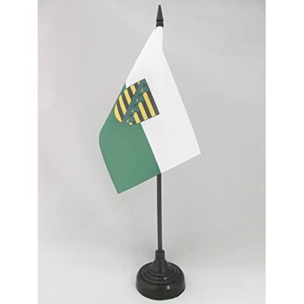 AZ FLAG - Saxony Table Flag 4'' x 6'' - German region of Saxony Office Mini Banner 100% Polyester 15 x 10 cm - Mini Desk Flag with 10'' Pole and Black Plastic Base