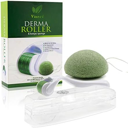 Derma Roller .25mm 540 Titanium Micro Needles Face Roller + Korean Konjac Sponge All-Natural with Activated Bamboo Charcoal Exfoliating Micro Needling Face Kit by Vasci | Includes Storage Case