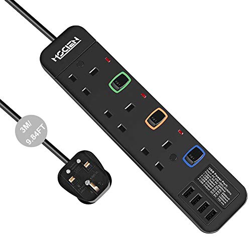 Extension lead with USB, Mscien 3 Way Individually Switched Surge