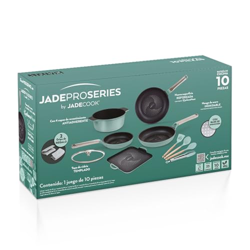 JadeCook Batería de Cocina 10 Piezas Jade ProSeries Antiadherente con Recubrimiento Dupont 4 Capas, Base de Inducción, Certificación Europea EN601, Mangos de Acero Inoxidable y Accesorios Incluidos.