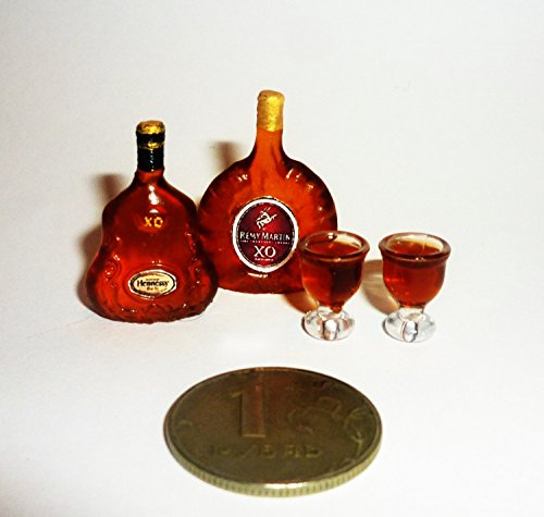 Set with glasses of Cognac,bottles with alcohol, cognac bottle set. Dollhouse miniature 1:12