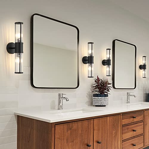 ECOBRT Bathroom Light Fixtures 2-Light Matte Black Bathroom Vanity Light Modern Wall Lights for Bedroom Bath Mirror Lights with Glass Shades Porch Wall Lamp for Mirror, Living Room, Bedroom, Hallway