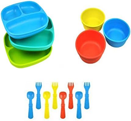 Kids Silverware Set Bundle Includes Toddler Plates With Dividers (3) and Toddler Fork and Spoon Set (8) Colors May Vary