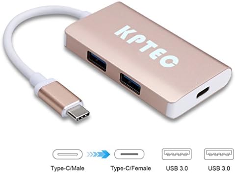 KPTEC USB Type C to 2-Port USB 3.0 Hub with Type C Charging and Sync Adapter for Apple New MacBook and ChromeBook Piexl 2015 - Gold