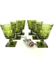 Kitchen: Vintage Indiana Colony Olive Green Glass Square Pedestal Base Park Lane Pattern Water Wine Goblet - Indiana Glass