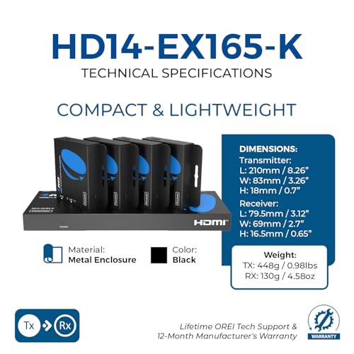 OREI 1x4 HDMI Extender Splitter Multiple Over Single Cable CAT6/7 1080P with IR Remote EDID Management - Up to 165 Ft - Loop Out - Low Latency - Full Support