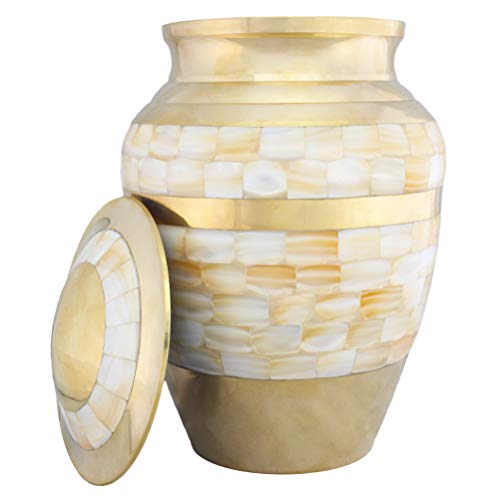 Cremation Urns for Human Ashes Adult, Funeral Urn for Women - Handcrafted in Brass - Display Burial At Home or in Niche at Columbarium ( Mother of Pearl Golden, Large Metal Urn for Ashes Adult