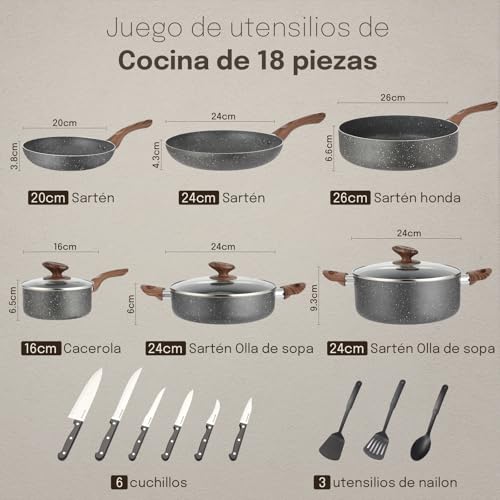 M MELENTA juego de ollas y sartenes antiadherentes, juego de ollas de granito, bateria de cocina antiadherente 18 piezas, ollas de cocina de aluminio, color gris