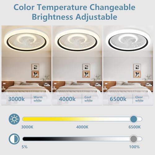 Spnoid Ceiling Fan with Lights and Remote,20'' Low Profile Ceiling Fans with Lights, Fandelier Ceiling Fan Light,DC Quiet Motor,3000K-6500K Dimmable,Modern Flush Mount Ceiling Fan for Bedroom,Black