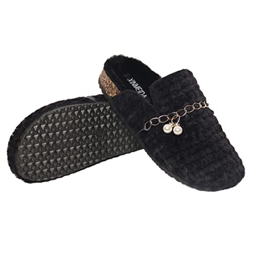 Women\'s chain plush slippers Artificial fur sandals Closed toe cork flat shoes Suitable for indoor and outdoor