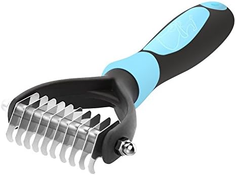 Professional Pet Grooming Undercoat Rake Comb Dematting Comb Grooming Rake with 2 Sides for Dogs, Cats, Dematting Tool, Teeth Wide (Blue)