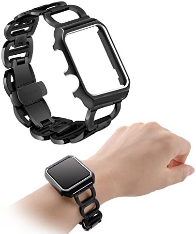 LOYUT Watch Band 38mm Stainless Steel Metal Replacement Wrist band+Metal Watch Case Protective Cover for Apple Watch Series 1 Series 2(Black38)