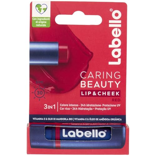 Labello Caring Beauty Lip & Cheek Red 4.8 g, Beurre à lèvres et joues avec une note de couleur rouge, Baume à lèvres coloré et blush stick 2 en 1, Baume à lèvres hydratant avec protection SPF 30
