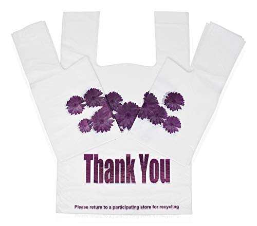 Plastic Bag, Thank You Bags, Purple Flower Bulk Grocery Reusable Shopping T-Shirt Bags with handles - 305 pcs/case