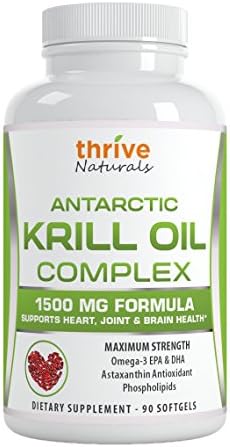 Thrive Naturals Antarctic Krill Oil Complex - 1500 mg Formula Supports Heart, Joint &amp; Brain Health - Maximum Strength Omega-3 EPA &amp; DHA Astaxanthin Antioxidant Phospholips - 90 Softgels