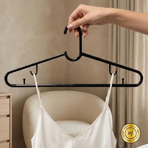 Kit 50 Cabides Plus Pretos Reforçados 46cm Duplo Gancho Para Duas Roupas Cabide Antiderrapante Para Camisas Blusas Vestidos Closet Guarda-roupa Organização Uso Doméstico E Comercial - Paramount Preto