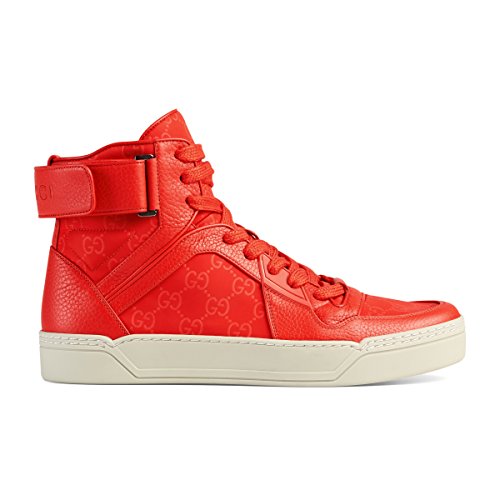 Gucci Men's Coral Red Nylon Leather GG Guccissima High Top Sneakers Shoes, Red, 8