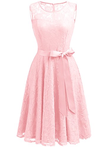 Dressystar DS0009 Women's Floral Lace Dress Short Bridesmaid Dresses with Sheer Neckline S Pink