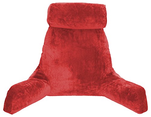 Husband Pillow Big Bedrest Reading & Support Bed Backrest w/Arms, Red - Premium Shredded Memory Foam with Detachable Neck Roll Pillow - Bed Rest Pillow Makes a Comfy & Therapeutic Cuddle Buddy