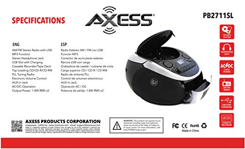 Axess Top-Loading Portable Boombox CD/MP3 USB-Charging MP3 Playback AM/FM Radio Cassette Player, and Recorder Boombox Home Audio, Aux, Headphone (Silver/Black)