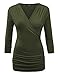 LL WT1255 Women's Deep V Neck 3/4 Sleeve Slim Fitted T-Shirt Casual Cross Surplice Wrap Tops XXL Olive