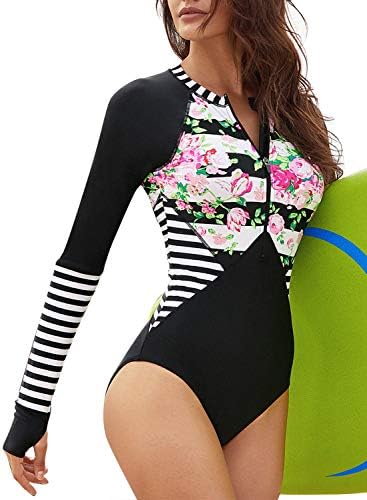 Women Long Sleeve Rash Guard UV Protection Printed Zipper Surfing One Piece Swimsuit Bathing Suit(S-3XL)