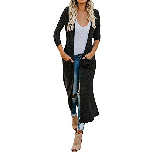 HTDBKDBK Womens Jacket with Pocket Solid Color Long Sleeve Long Cardigan Tops Ladies Autumn Shirts Tops Coat Outwear Black