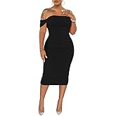 PINSV Women Ruched Off Shoulder Dress Bodycon Party Elegant Midi Dresses