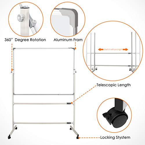 Mobile Whiteboard Magnetic White Board-48 x 36 inches, 360° Reversible Double Sided Dry Erase Board Easel Standing on Wheels With Aluminum Frame