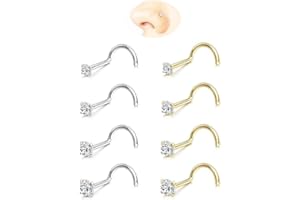 GINGYING Nose Rings Studs: 8Pcs 20G/18G Gold/Silver 316L Surgical Stainless Steel Nose Studs Hypoallergenic Corkscrew Nose Piercing Stud Jewelry for Women Men Clear Cubic Zirconia Imitation Diamond Top Size 1.5mm 2mm 2.5mm 3mm