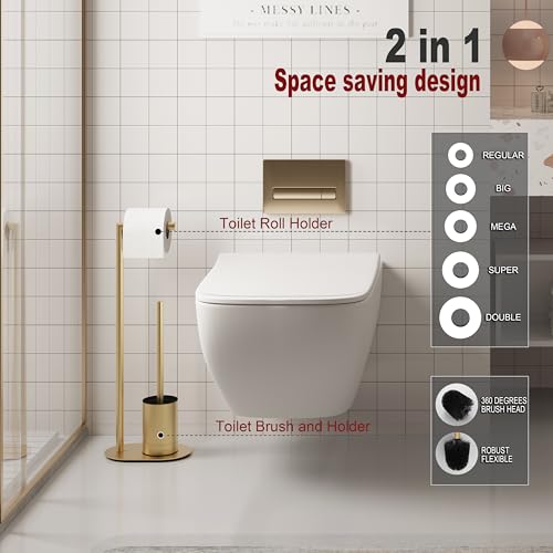 BVL Toilet Roll Holder and Toilet Brush Gold Brushed Toilet Brush with Stainless Steel Toilet Paper Holder, Toilet Paper Holder from the Floor Toilet Brush Bathroom Toilet