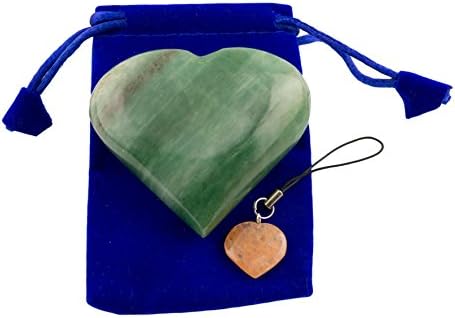 Green Aventurine Pub Heart Worry Stone with (1 pcs.) Assorted Color Keychain and Blue Velvet Pouch (Green Aventurine)