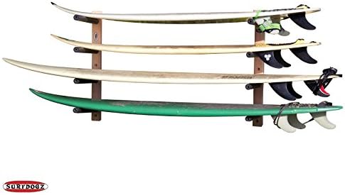 Surfdogz – Baseline Surfboard, Steel Peg / Wood Base Wall Rack Set (Four Board Rack)