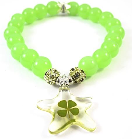 Genuine Four-leaf Lucky Clover Crystal Amber Beads Bracelet, Good Luck Green Jade Healing Energy Lucky Star, 6"-6.5" (Small)