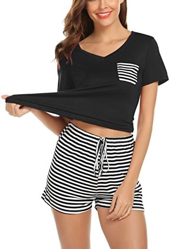 hellow friends Loovoo Women Pajamas Set Soft Cotton Short Sleeve with Stripe Short Bottom Two-Piece Comfy Sleepwear Loungewear Black