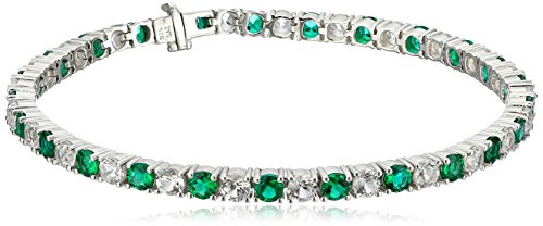 Sterling Silver with 3K White Gold Tongue Lab White Sapphire and Lab Emerald Bracelet