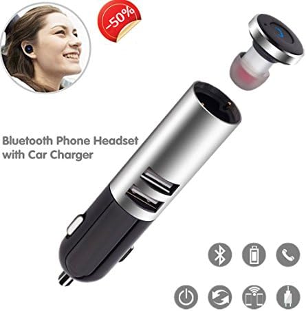 Mini Bluetooth Headset - 2 in 1 Super Wireless Headset with Dual USB Car Charger Hands-free Headphone Car Adapter with Stereo Earphone for iPhone,iPad, iPod, Samsung, LG, HTC and More