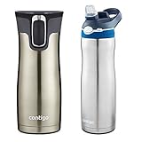 Contigo AUTOSEAL 2 Pack - West Loop Stainless Steel/Black Travel Mug (16 oz) with Chill Stainless Steel/Blue Water Bottle (24 oz)