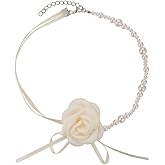 Pearl Camellia Flower Choker Necklace Satin Fabric Floral Pearls Lace Necklaces Collar Adjustable Link Chain Bride Wedding Elegant Jewelry for Women