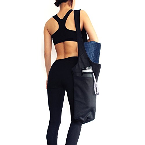 Yoga Mat Bag by Okela, Long Strap Yoga Mat Tote Sling Carrier with Side Pocket & Zipper Pocket, Fits Most Size Mats (Black)