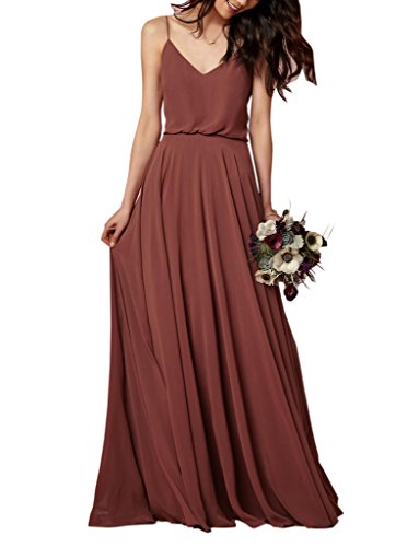 Amore Bridal Women V-Neck Spaghetti Strap Chiffon Maxi Beach Wedding Bridesmaid Dress
