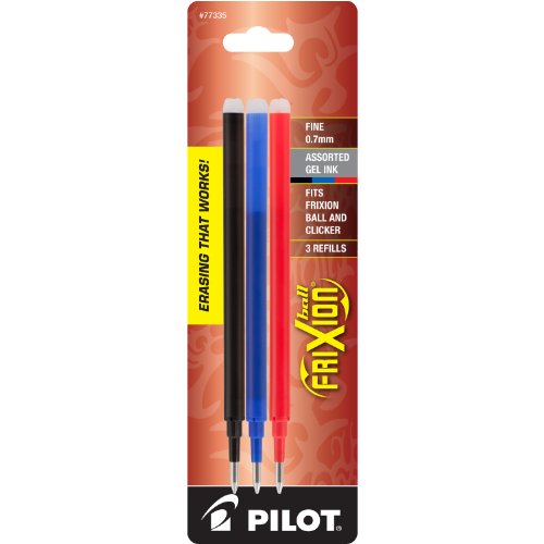 Pilot FriXion Gel Ink Pen Refill, 3-Pack for Erasable Pens, Fine Point, Black/Blue/Red Inks (77335)