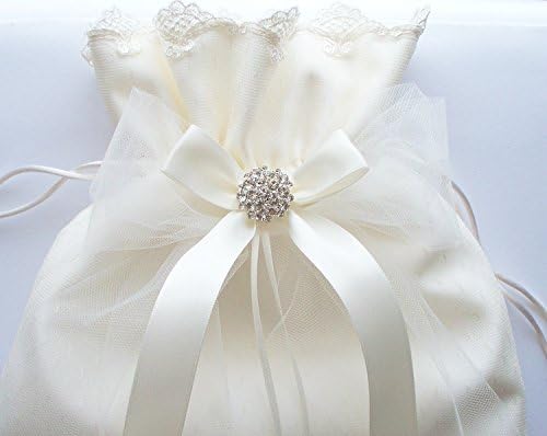 Wedding Ivory Money Bag, Bridal Dance Bag with Point d' Esprit Overlay, Net Lace Trim, Tulle and Satin Bows with Crystal - The ALISON