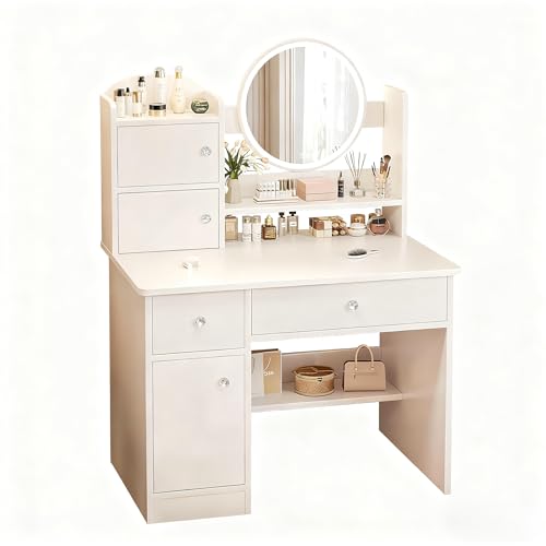Vabches Tocador con Luces LED Regulables, Mesa de Maquillaje con 2 cajones, 3 Puertas y 1 Estante, Espejo de Pantalla táctil con iluminación Regulable,Tocador para Dormitorio(Blanco)