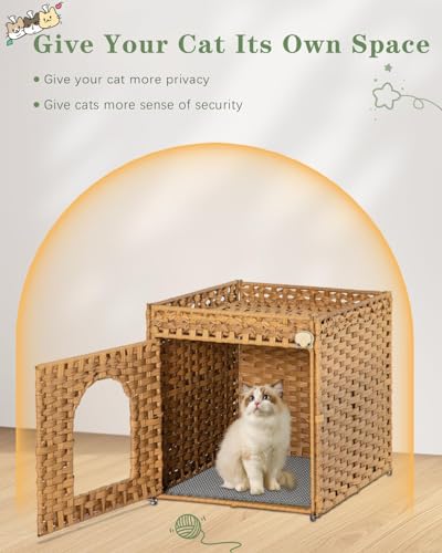 NIUB Cat Litter Box Enclosure Furniture, Hidden Litter Box with Mat and Fence, Handwoven Rattan Cat House with Two S-Shaped Hooks for Living Room, Bedroom, 18.5 x 20.5 x 19.1 Inches
