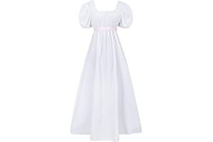 HEQU Regency Dresses for Women with Satin Sash Ruffled Puff Sleeve Empire Waist Dress Gown